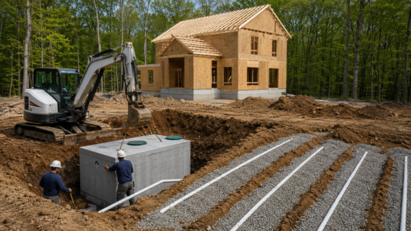 New septic system being installed for a home under construction in New Jersey