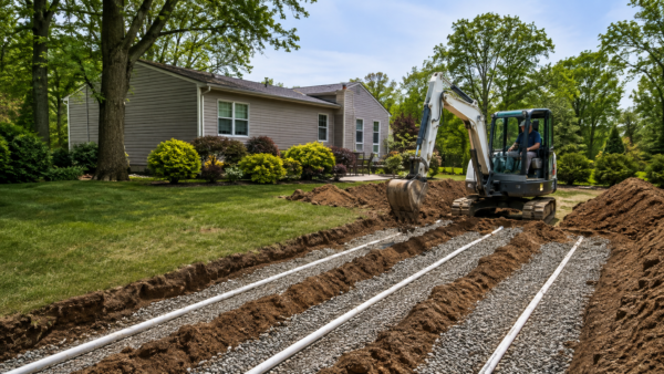 Septic drain field installation in a New Jersey backyard