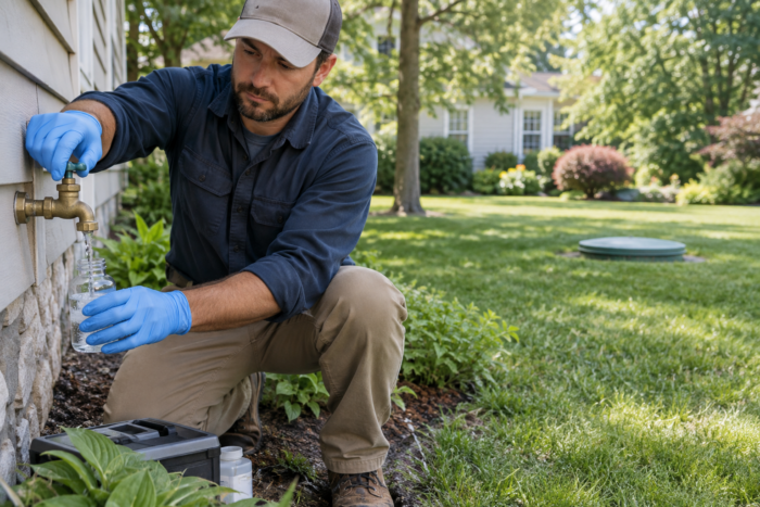 Technician collecting a private well-water sample near a New Jersey home with a septic system
